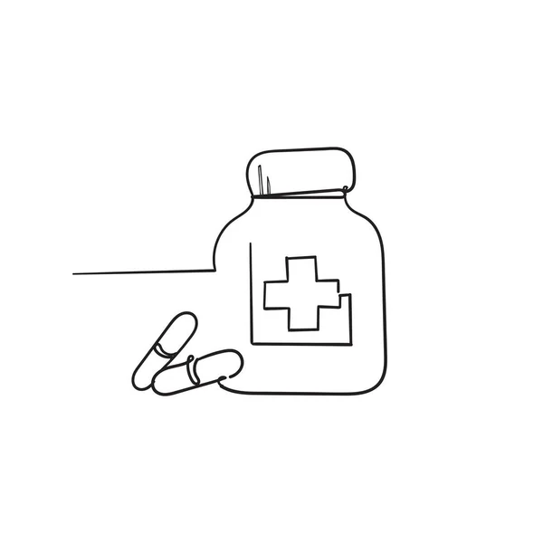 Bouteille Médecine Dessinée Main Pilules Icône Noir Blanc Illustration Vectorielle — Image vectorielle