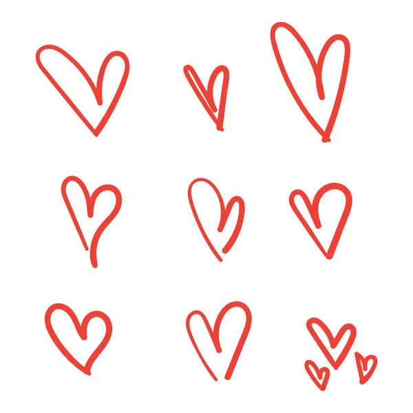 Doodle Corações Mão Desenhada Amor Coração Collection Red Color Isolated — Vetor de Stock