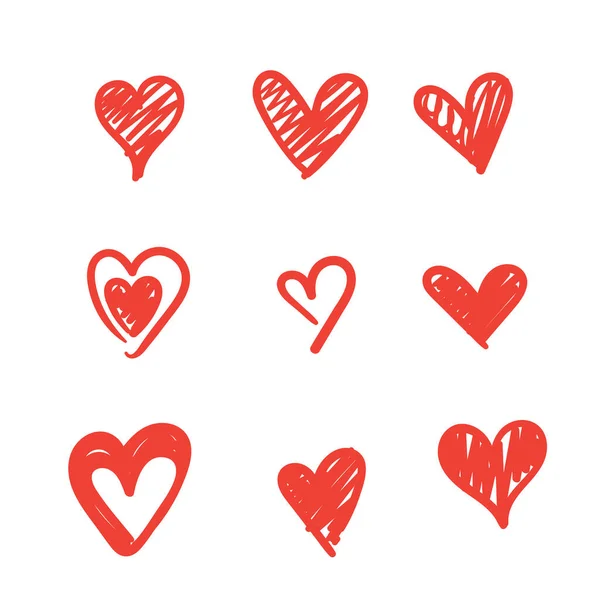 Doodle Καρδιές Χέρι Που Αγάπη Συλλογή Καρδιά Κόκκινο Χρώμα Απομονωμένο — Διανυσματικό Αρχείο