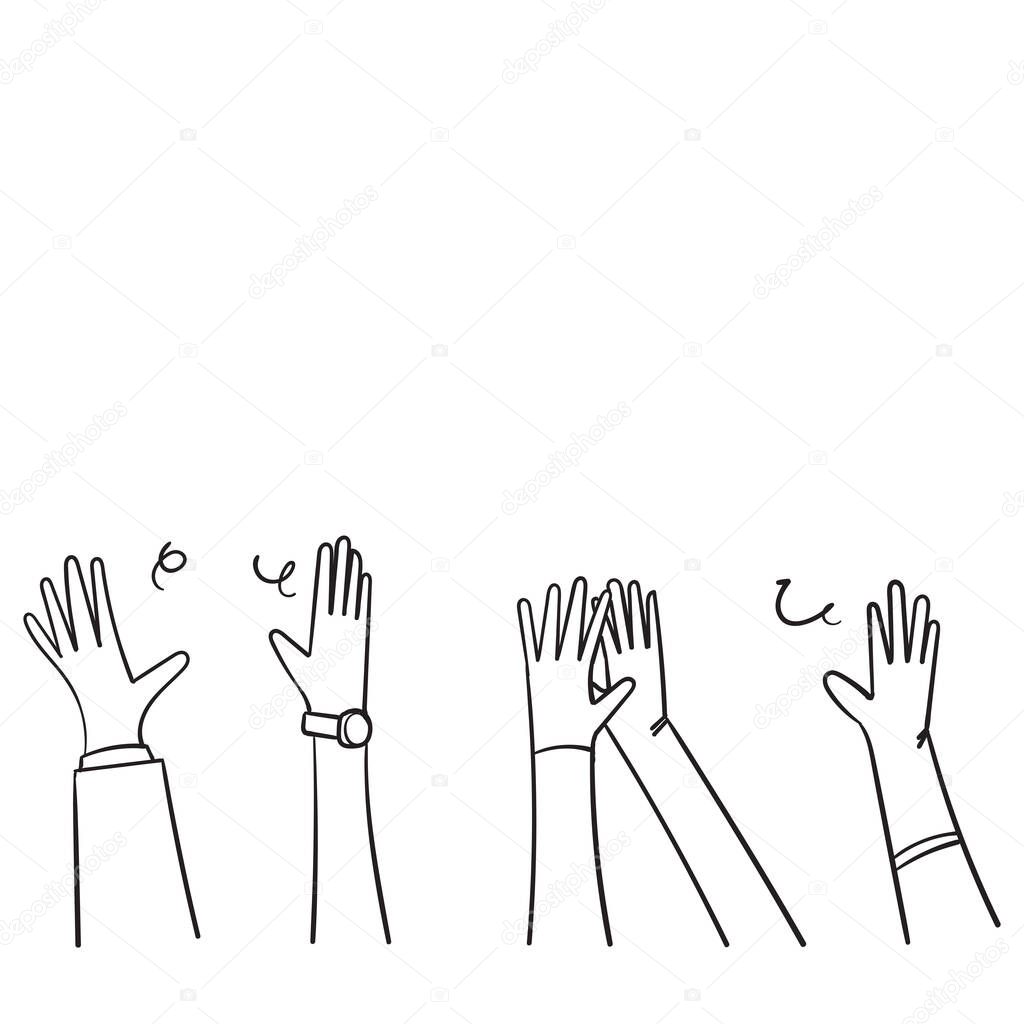 hand drawn People raise hands up applause clapping for vote volunteer and cheering concept. Doodle vector design.