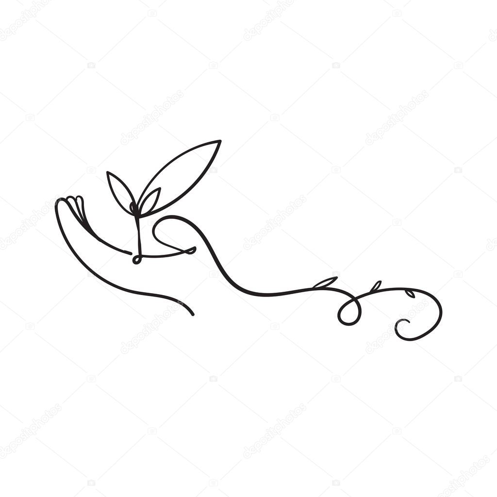 hand drawn seeds grow in the palm of the hand illustration with continuous line art style vector isolated