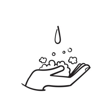 El yapımı Yıkama Elleri İlgili Vektör Hattı Simgeleri. İçinde çamaşır yıkama, antiseptik ve sabun gibi ikonlar var. karalama çizimi