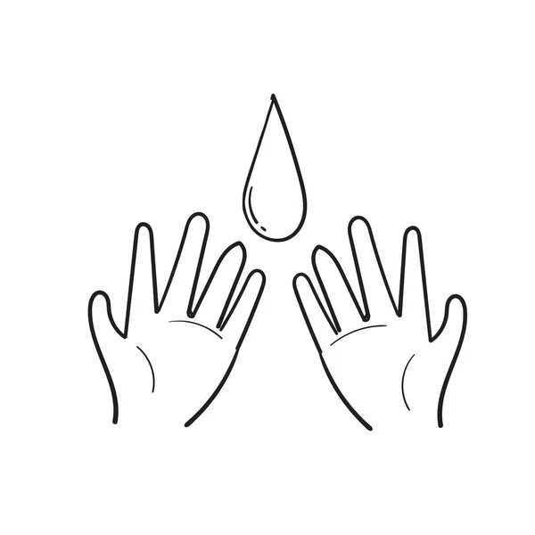 Handgezeichneter Wassertropfen Der Handfläche Des Handsymbols Zum Wassersparen Illustration Doodle — Stockvektor