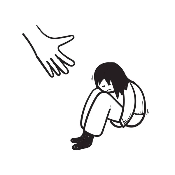 手描きの人間の手はうつ病を取り除くために悲しい孤独な女性を助けます 不幸な少女が腰を下ろして膝をつつく ストレス下にある人々のための支援とケアの概念 ドードル — ストックベクタ