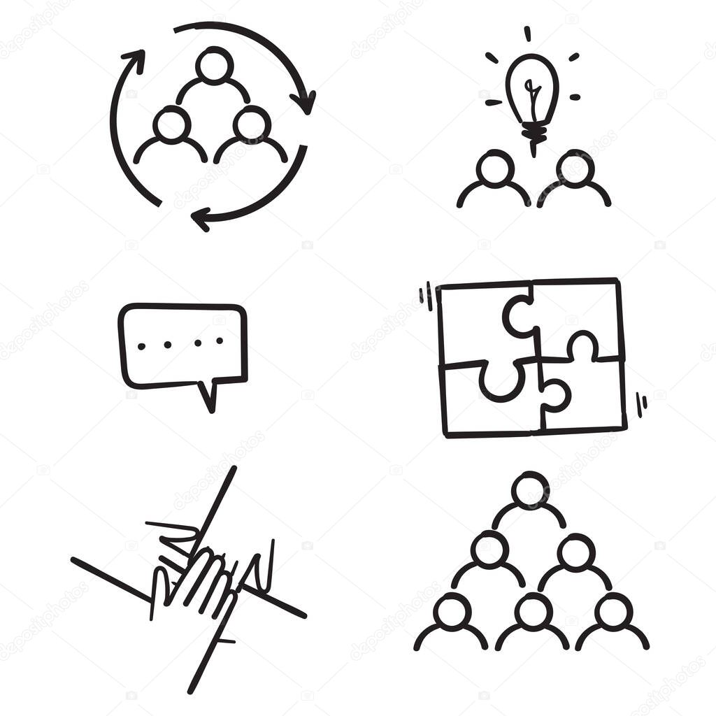 hand drawn Simple Set of Team Work Related Vector Line Icons. Contains such Icons as Cooperation, Collaboration, Team Meeting.doodle