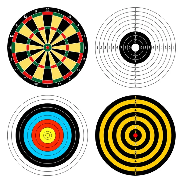Conjunto de objetivos de color para diferentes dardos deportivos, tiro con arco, disparar un arma sobre un fondo blanco. Iconos objetivos deportivos — Vector de stock