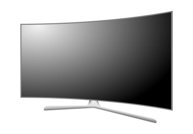 Modern 3d plazma Tv ile eğri bir perde. Beyaz arka plan üzerinde beyaz yansıması ile siyah bir ekran ile birlikte bir multimedya cihazı kapatın. Geniş ekran Tv ve siyah çerçeve. 4 k televizyon