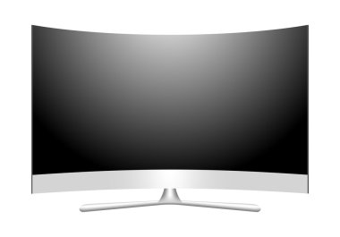 Önden Görünüm modern 3d plazma Tv ile eğri bir perde. Beyaz arka plan üzerinde beyaz yansıması ile siyah bir ekran ile birlikte bir multimedya cihazı kapatın. Geniş ekran Tv ve siyah çerçeve. 4 k televizyon