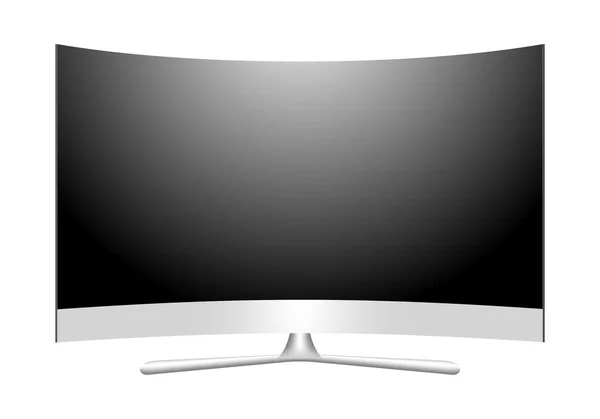 Vista frontal moderna TV de plasma 3D com tela curva. Off dispositivo multimídia com um suporte com um display preto com reflexão branca sobre fundo branco. Widescreen TV com moldura preta. Televisão 4K —  Vetores de Stock