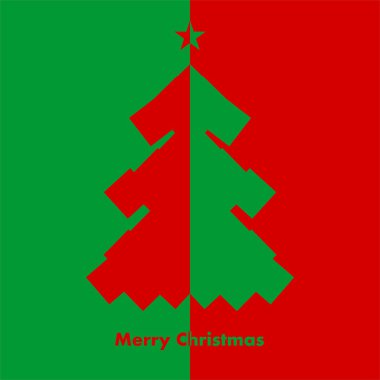 Yazıt Merry Christmas ile zıt bir arka plan üzerinde renkli yıldız ile kırmızı ve yeşil Noel ağacı ile Noel kartı
