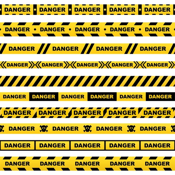 Set of yellow ribbons with black lettering danger skull and stripes indicating dangerous place on a white background. Safety police warning tapes — Stock Vector