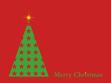 Yıldız ile yeşil Christmas tree ve Merry Christmas kırmızı bir arka plan üzerinde yazma bir parlayan Yeşil Sarı yıldızlı kırmızı kırmızı Noel kartı