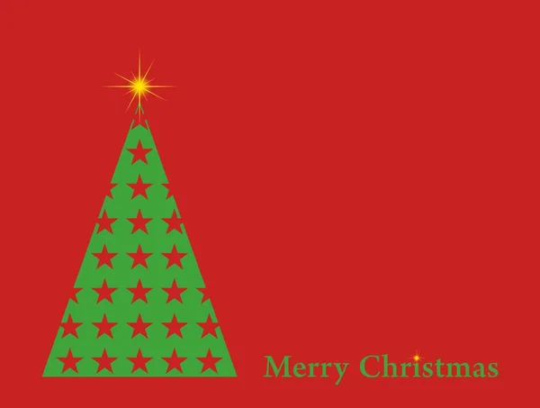 Red Christmas card with a green Christmas tree with stars and red with a yellow star with a glowing green writing Merry Christmas on a red background — Stock Vector