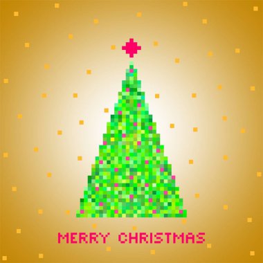 Yeşil Noel ağacı yeşil piksel, küçük yeşil kareler kırmızı kareler kırmızı yıldız ve bir altın kare ve kırmızı kar ile gelen altın Noel tebrik Merry Christmas yazı 