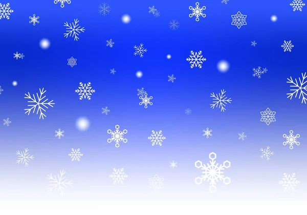 Fundo de Natal azul com flocos de neve brancos caindo e rodas luminosas faixa branca para baixo. Cenário de inverno com neve — Vetor de Stock