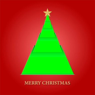 Kırmızı Noel kartı ile katlanmış bir kağıt altın yıldız ve Merry Christmas kırmızı bir arka plan üzerinde gölgeler ile yazı altın ile yeşil bir Noel ağacı ile