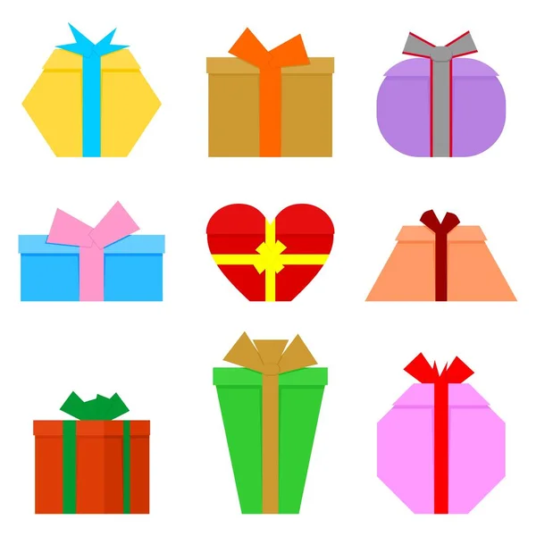 Zestaw prostych kolorowe prezenty na urodziny, Boże Narodzenie i rocznice o różnych kształtach i rozmiarach, w rzędzie obok siebie i jeden pod drugim na białym tle — Wektor stockowy