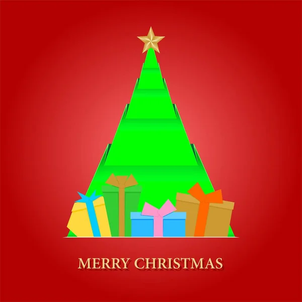 星と緑折り鶴 Christmas tree と赤の背景にリボンとゴールドの碑文メリー クリスマスとギフトの色で赤のクリスマス カード — ストックベクタ
