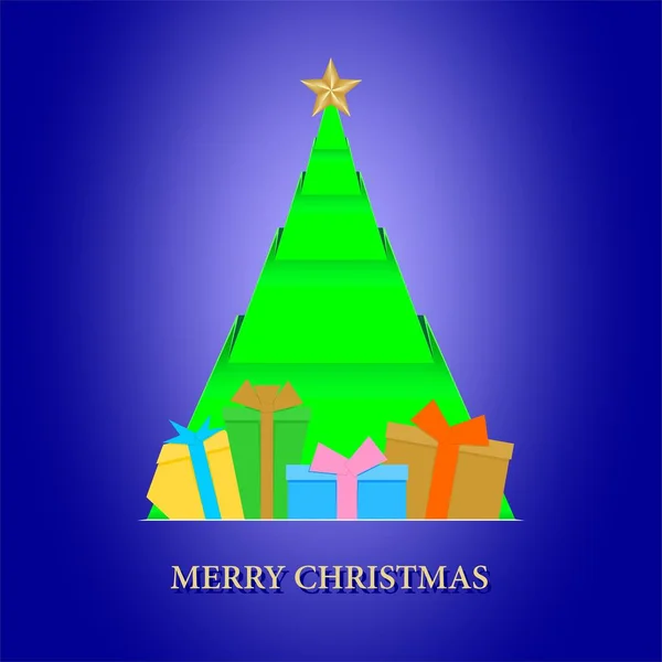 星と緑折り鶴 Christmas tree と青の背景にリボンとゴールドの碑文メリー クリスマスとギフトの色でブルー ・ クリスマス カード — ストックベクタ