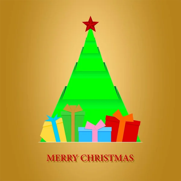 星と緑の紙を 2 つ折り Christmas tree と金の背景色のリボンと赤の碑文メリー クリスマスとギフトの色で黄金のクリスマス カード — ストックベクタ