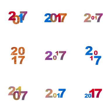Farklı renkli rakamlar kümesi küçük üçgenler oluşur. Kit numaraları yıl çeşitli renkler, şekil ve büyüklükte beyaz bir arka plan üzerinde geometrik öğelerin 2017