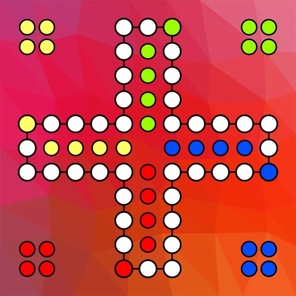 Tablero vectorial para un juego familiar Ludo a cuatro jugadores sobre un fondo de color rojo — Vector de stock