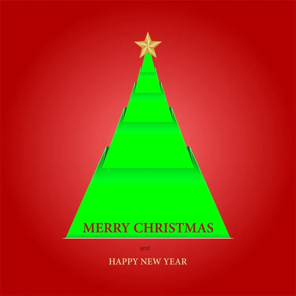 Red Christmas and New Year card with a green Christmas tree with a folded paper with gold star and gold lettering Merry Christmas and New Year with shadows on a red background — Stock Vector