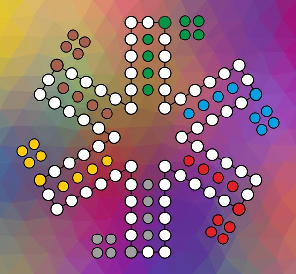 Carte vectorielle pour un jeu de famille Ludo à six joueurs sur un fond de couleur rouge — Image vectorielle