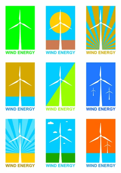 Набір барвистих іконок для енергії вітру з вітровими турбінами на білому тлі — стоковий вектор