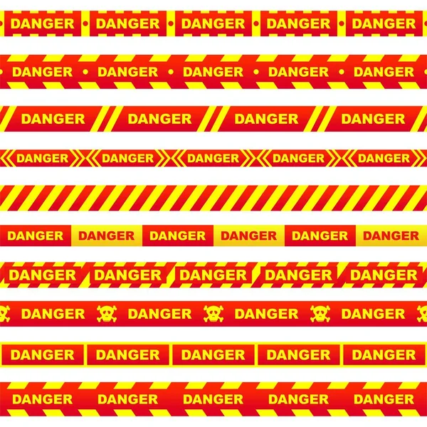 Set of red ribbons with yellow lettering danger skull and stripes indicating dangerous place on a white background. Safety police warning tapes — Stock Vector