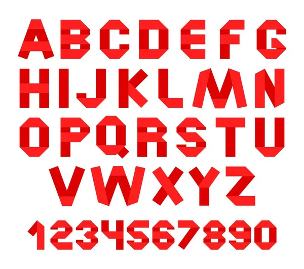 Vecteur rouge alphabet graphique et chiffres composés du papier plié avec ombre sur fond blanc — Image vectorielle