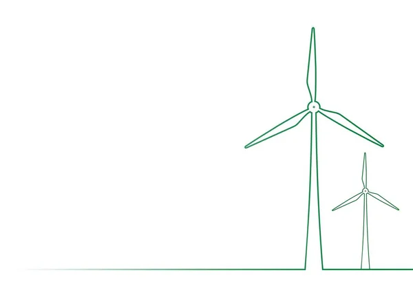 Contour vert de deux éoliennes sur un pré sur fond blanc : Contexte abstrait pour l'énergie environnementale dans le pays — Image vectorielle