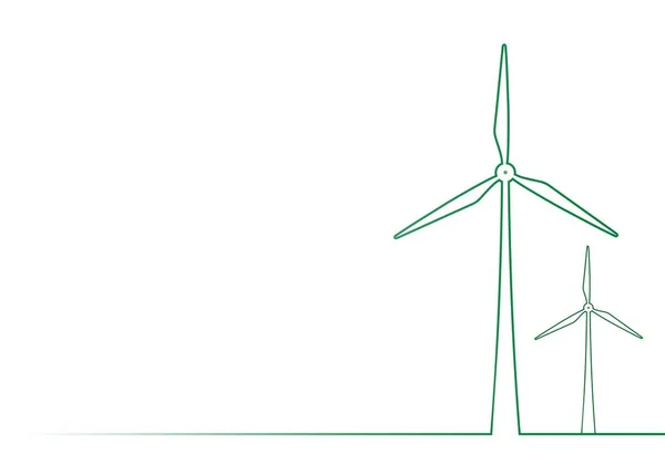 Grüne Kontur zweier Windräder auf einer Wiese auf weißem Hintergrund: abstrakter Hintergrund für die Umweltenergie im Land — Stockvektor