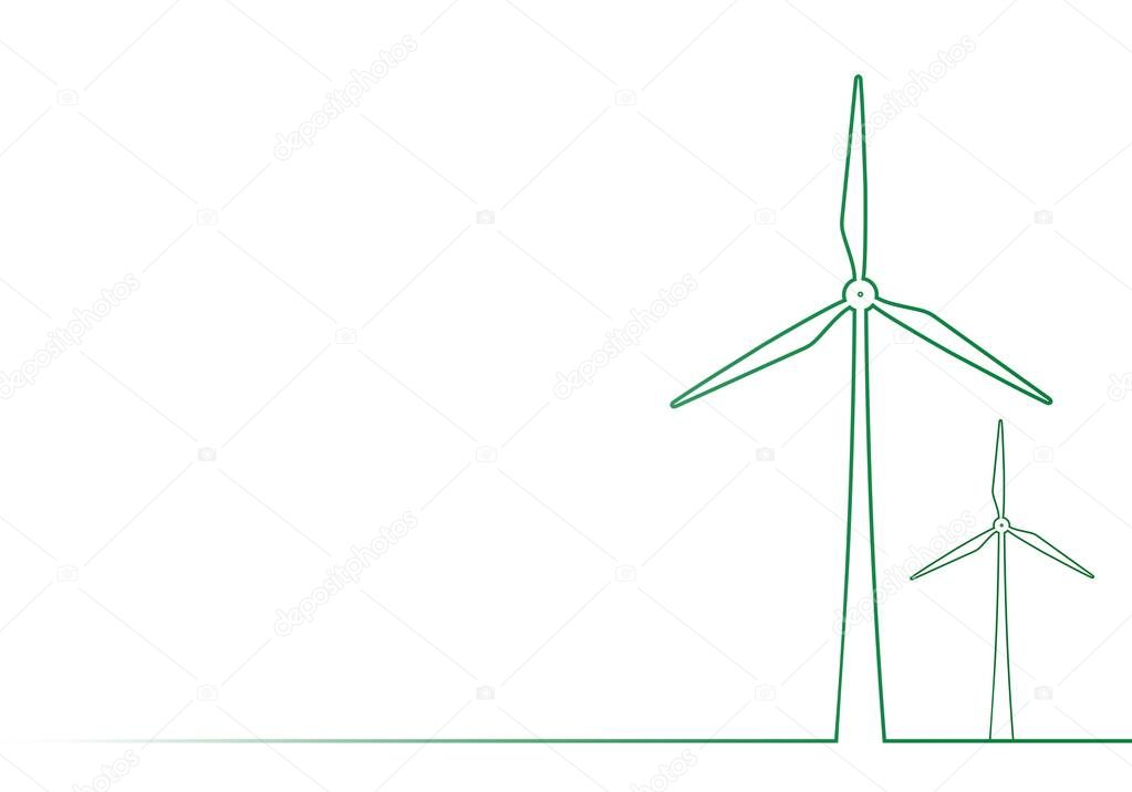 Green contour of two wind turbines on a meadow on a white background: Abstract background for environmental energy in the country