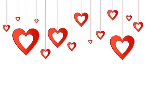 Valentine arka plan kırmızı bir iş parçacığı üzerinde asılı delikleri ile kırmızı kalpler ile. — Stok Vektör