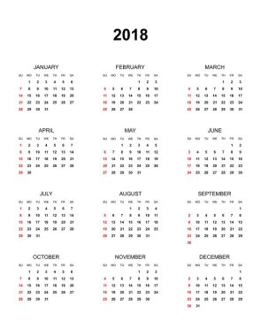 Basit renk takvim yıl 2018. Gün ve ay içinde bir satır ile Pazar adları beyaz bir arka plan üzerinde kırmızı işaretli