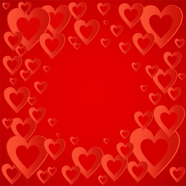 พื้นหลังสีแดงวาเลนไทน์ด้วยหัวใจสีแดงสดใสที่มีองค์ประกอบของหัวใจสีแดงในมุม สวัสดีสําหรับคู่รักและวันแม่ — ภาพเวกเตอร์สต็อก