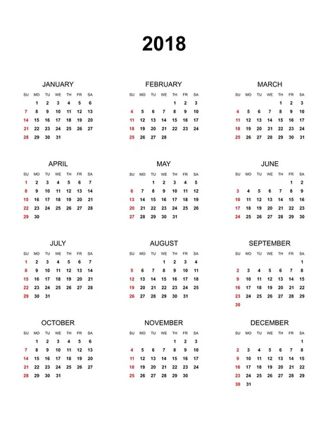 Calendario de colores simple para el año 2018. Los nombres de los días y meses seguidos y los domingos marcados de rojo sobre un fondo blanco — Archivo Imágenes Vectoriales