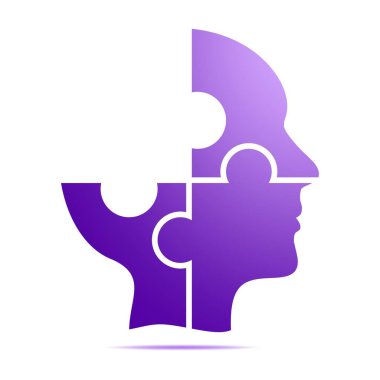 Renk mor insan kafası baş beyaz bir arka plan üzerinde aşağıda gri gölgeli mor puzzle parçaları oluşur. Eksik insan kafası geometrik öğelerden oluşur