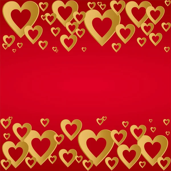 San Valentín fondo rojo con corazón de oro brillante con la composición de corazones de oro en una fila hacia arriba y hacia abajo. Saludo para los amantes y para el Día de la Madre — Archivo Imágenes Vectoriales