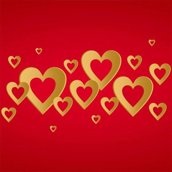 Alla hjärtans röd bakgrund med ljusa guld hjärta med sammansättningen av guld hjärtan i rad på center. Hälsning för älskare och för mors dag — Stock vektor