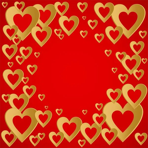 Valentines fond rouge avec coeur en or brillant avec la composition de cœurs en or dans les coins. Salutation pour les amoureux et pour la fête des mères — Image vectorielle