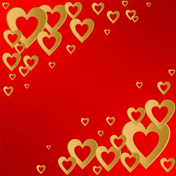 Alla hjärtans röd bakgrund med ljusa guld hjärta med sammansättningen av guld hjärtan i hörnen. Hälsning för älskare och för mors dag — Stock vektor