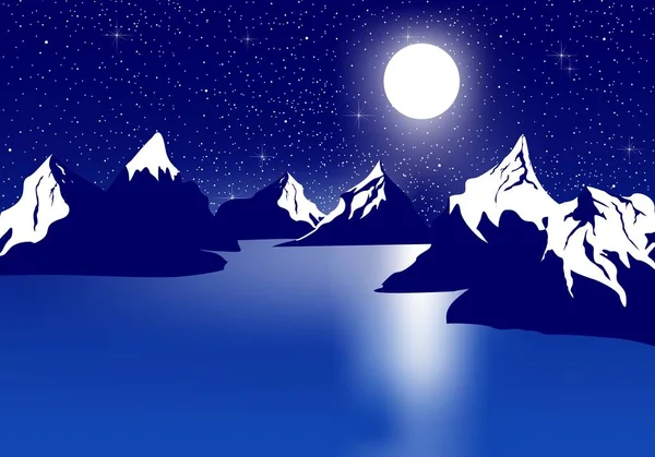 Paisaje nocturno azul con colina nevada en un lago con un reflejo de la luna con un cielo nocturno oscuro con estrellas y luna brillante — Archivo Imágenes Vectoriales
