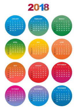 Basit renk takvim yıl 2018. Gün ve ay üst üste beyaz bir arka plan üzerinde renkli daireler günlerinin sayılı adları 