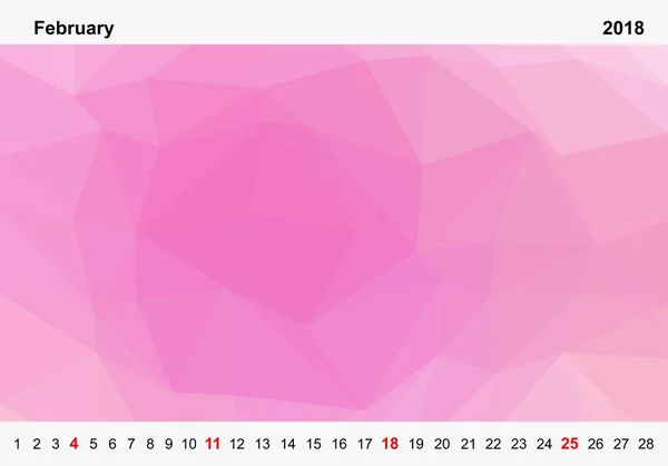 Calendario de color simple de los triángulos de color rosa para febrero de 2018.Month nombre y los números de año arriba y abajo de las imágenes con el domingo rojo sobre fondo blanco — Archivo Imágenes Vectoriales