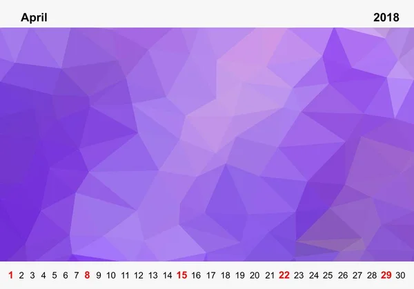 Mor renkli üçgen Nisan için basit renk takvim yılı 2018.Month adını ve yıl numaraları kırmızı beyaz arka plan üzerinde Pazar resimlerle yukarı ve aşağı — Stok Vektör