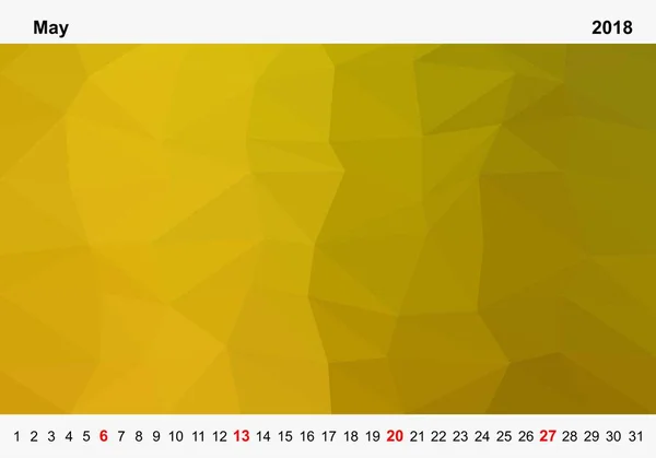 Einfacher Farbkalender mit grün gefärbten Dreiecken für Mai für das Jahr 2018.Monatsname und Jahreszahlen rauf und runter die Bilder mit rotem Sonntag auf weißem Hintergrund — Stockvektor