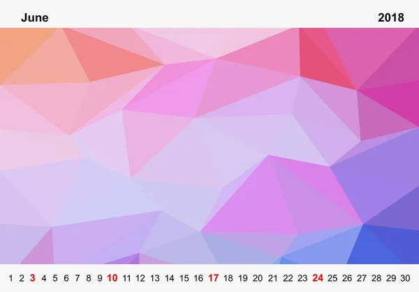 Calendário de cores simples de triângulos coloridos para junho para o ano 2018.Nome do mês e números do ano para cima e para baixo as imagens com domingo vermelho no fundo branco — Vetor de Stock