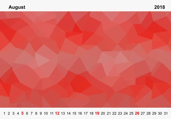 Calendario de color simple de triángulos de color rojo para agosto para el año 2018.Month nombre y números de año arriba y abajo de las imágenes con el domingo rojo sobre fondo blanco — Vector de stock